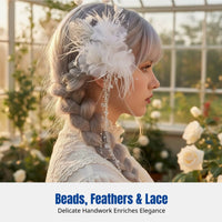 Victorian Hair Accessory, Alabaster Lace Feather Tassel Headpiece, Elegant Princess Design for Women