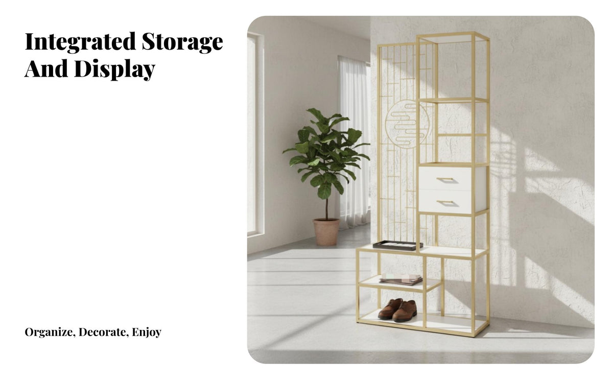 Gold Finish Freestanding Openwork Screen Modern Design Room Divider Multi-Functional Space Partition Multifunctional for Apartment Dwellers, Office Workers, Business Owners, Entryway, Bedroom