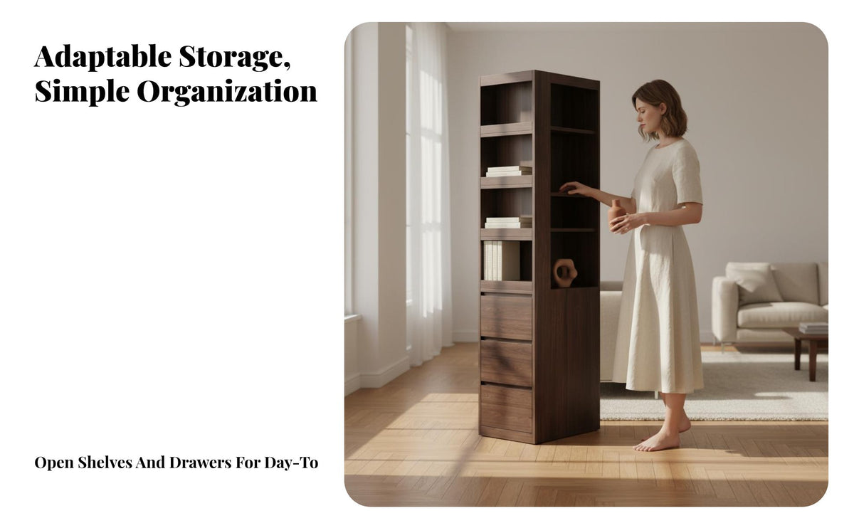 Slim silhouette Narrow Corner Shelving Unit Space-Saving Narrow Gap Shelving Unit mid-century styleperiod Modern Design Shelving Unit Freestanding for Book Lovers, Apartment Dwellers, Homeowners, Small Spaces, Next to Sofa, Living Room, Home Office