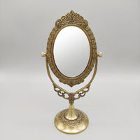 Vintage Brass Mirror with Pedestal Base Ornate Oval Vanity Mirror with Stand Gold-Toned Adjustable for Dressing Table, Bedroom