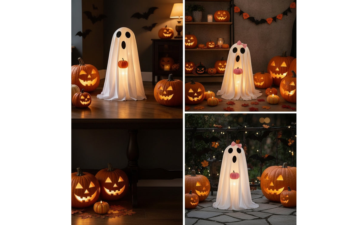 Light-up Glowing Ghost Tabletop Ghost with Pumpkin Glow in the Dark Figures Spooky for Halloween, Entryway, Porch