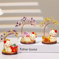 Lucky Cat Natural Crystal Money Tree Figurine, Cute Cat Desk Decor for Home and Office