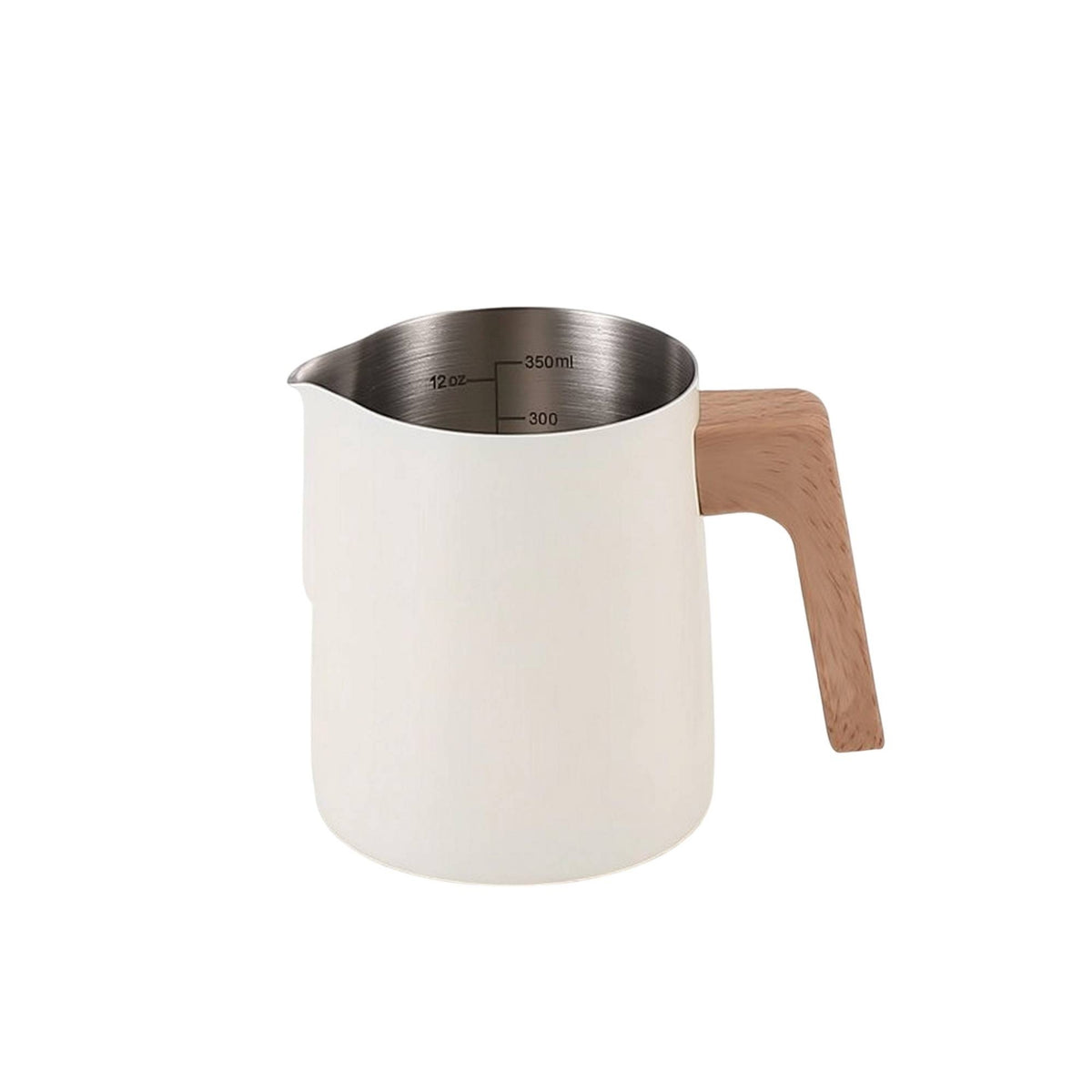 Milk Steaming Pitcher with Wooden Handle Exact Measurement for Coffee Lovers