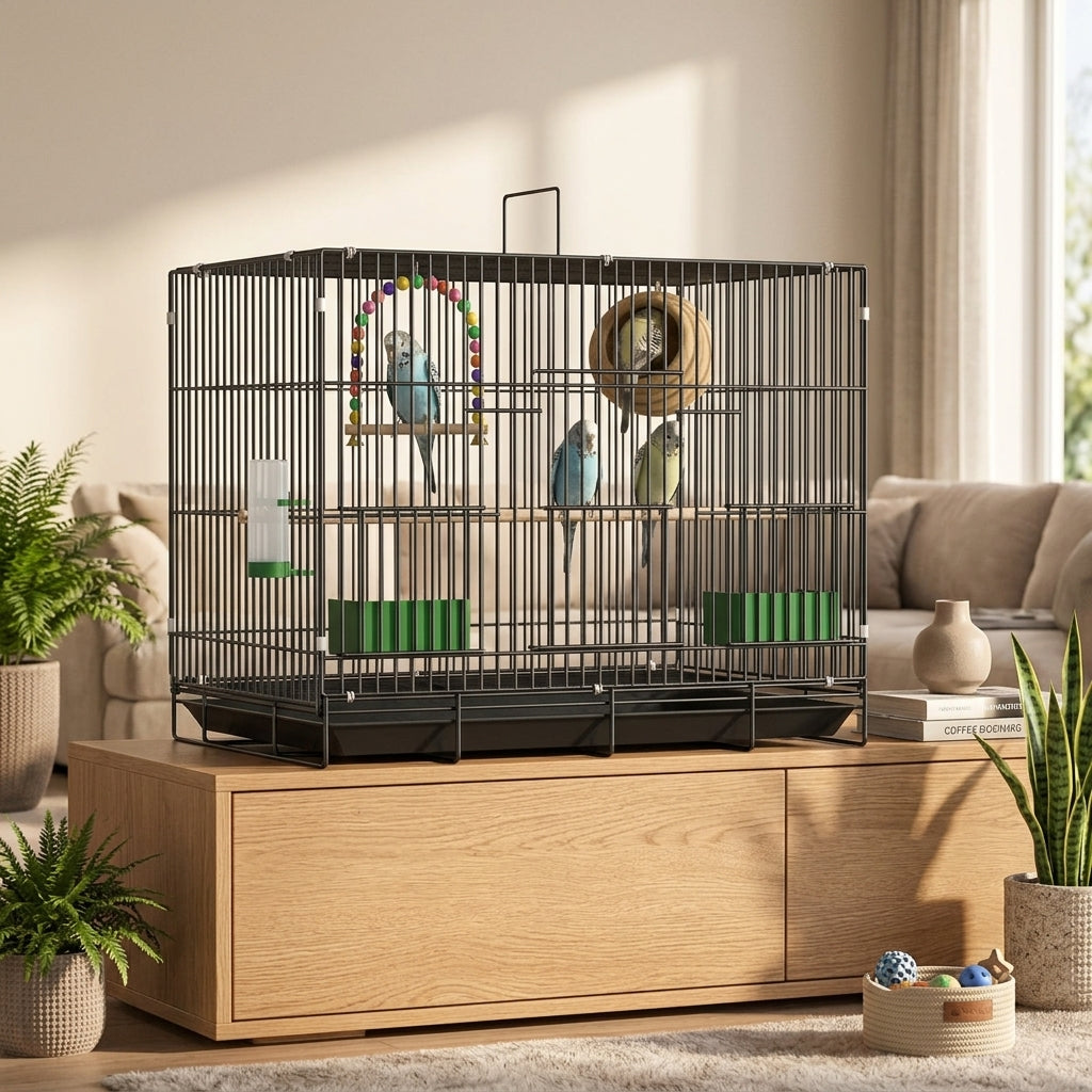 Bird Cage for Budgie Lovebird and Finch, Foldable Metal Wire Single Layer Indoor Outdoor Travel Enclosure with 10mm Bar Spacing and 2 Perches