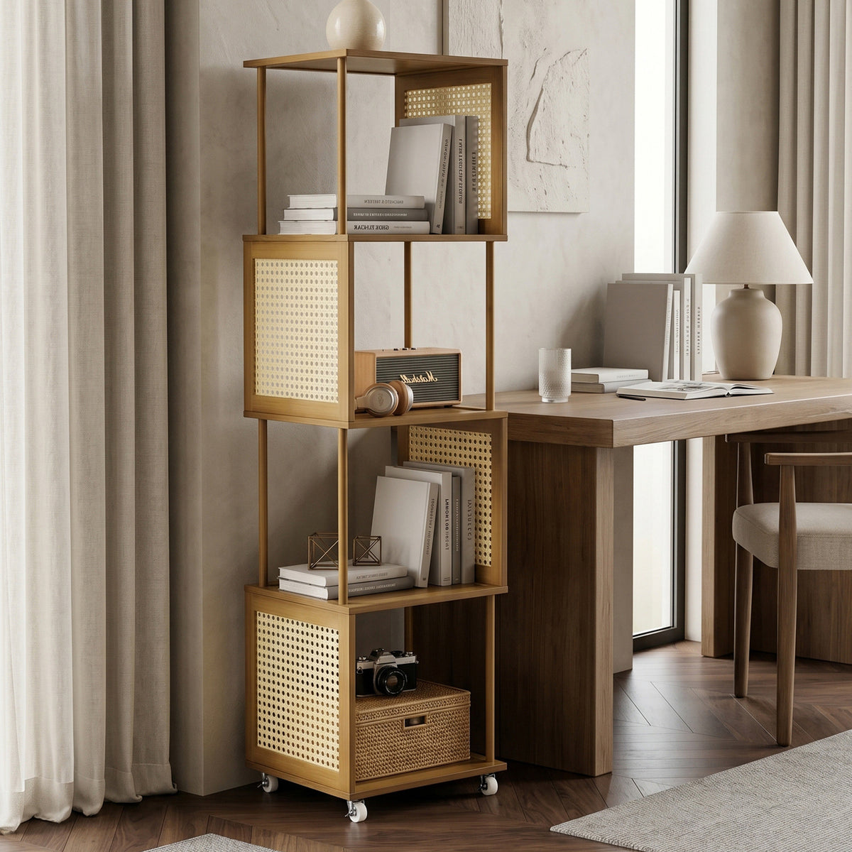 Bamboo Floor Bookshelf Corner Storage Rack with Wheels