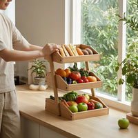 3 Tier Rack with Slatted Trays Rustic Countertop Vegetable Produce Rack Convenient Kitchen Organizer for Pantry