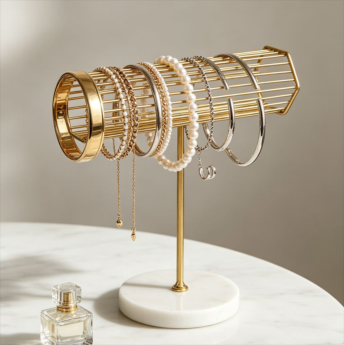 Gold Metal Jewelry Display Stand with Marble Base for Bracelets, Necklaces, Earrings