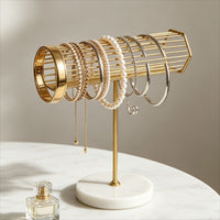 Gold Metal Jewelry Display Stand with Marble Base for Bracelets, Necklaces, Earrings