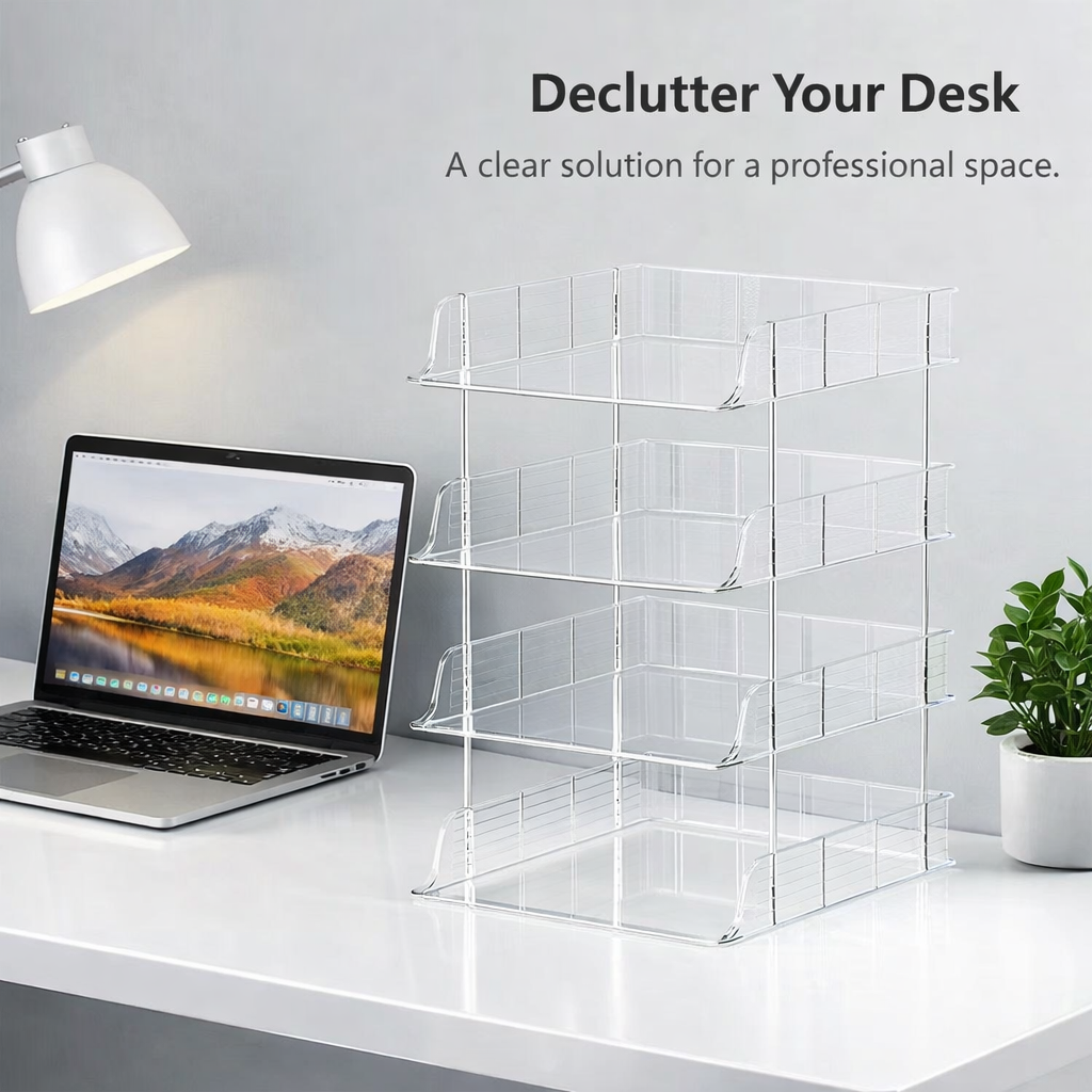 4-Tier Transparent Desktop File Organizer with Metal Frame, Stackable Desk Storage for Office Document Holder for Students