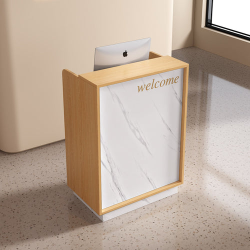 Small Reception Desk Minimalist Front Desk Modern Cashier Stand Sturdy Particleboard Structure with Ample Storage Suitable for Shop Salon Lobby Office