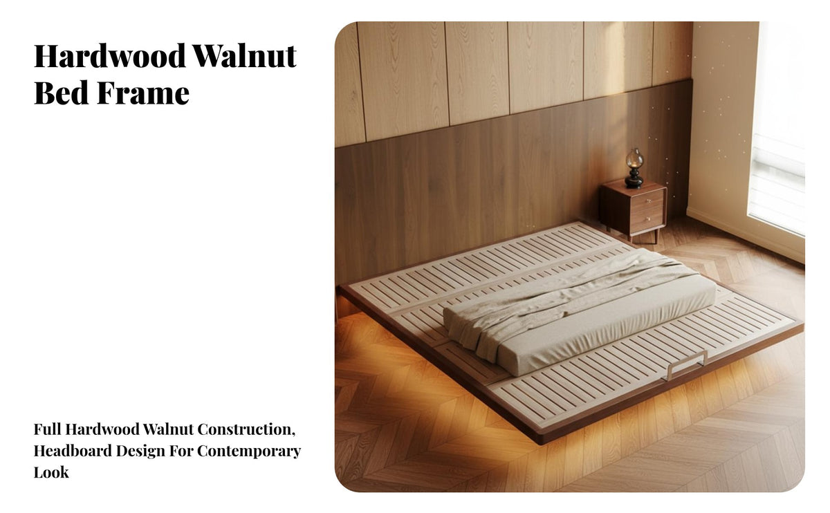 Headboardcomplimentary Headboardless levitating Bed Base Vintage Inspired sleeklow-rise Slatted Bed Frame Space-Saving Bedroom Furniture Minimalist and design for Minimalists, Apartment Dwellers, Design aficionados, studio apartment, Guest Room