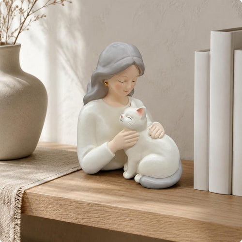 Girl Hugging Cat Statue Cute Resin Girl and Cat Figurine Smooth Finish Home Decoration for Shelf