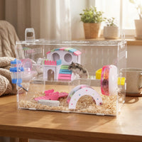 Large Hamster Cage with Built-in Passageways, Acrylic Transparent Hamster Cage Starter Kit for Dwarf Hamster and Pet Mice, Flat Bottom Base