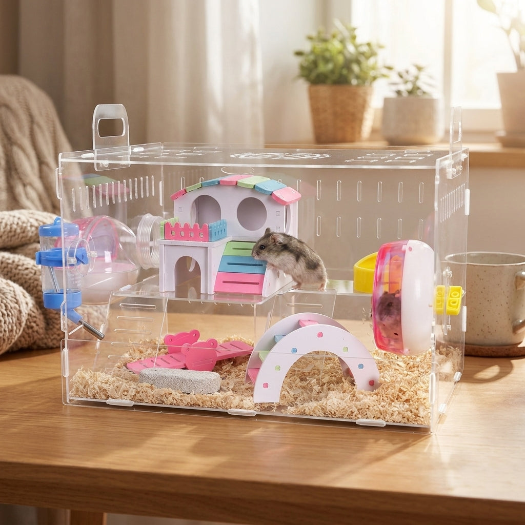 Large Hamster Cage with Double Layer Design, Acrylic Transparent Hamster Cage with Tunnels, Flat Base Starter Kit for Dwarf Hamster and Pet Mice