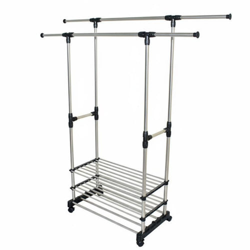 Rolling Double-Bar Clothes Rack Extensible Rod Drying Stand Easy to Assemble