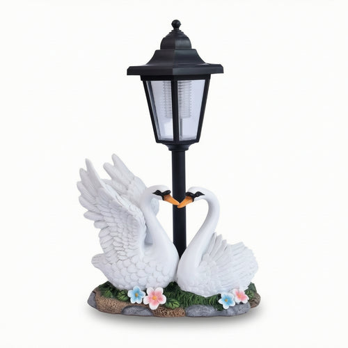 Swan Statue with Hanging Lantern Light Stone-Look for Gardeners