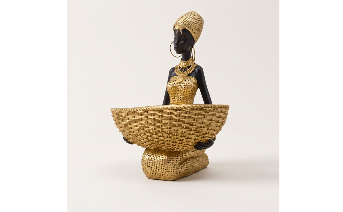 African Woman Figurine with Basket Handcrafted African Woman Figurine Decorative Key Bowl for Entryway, Living Room, Dressing Table