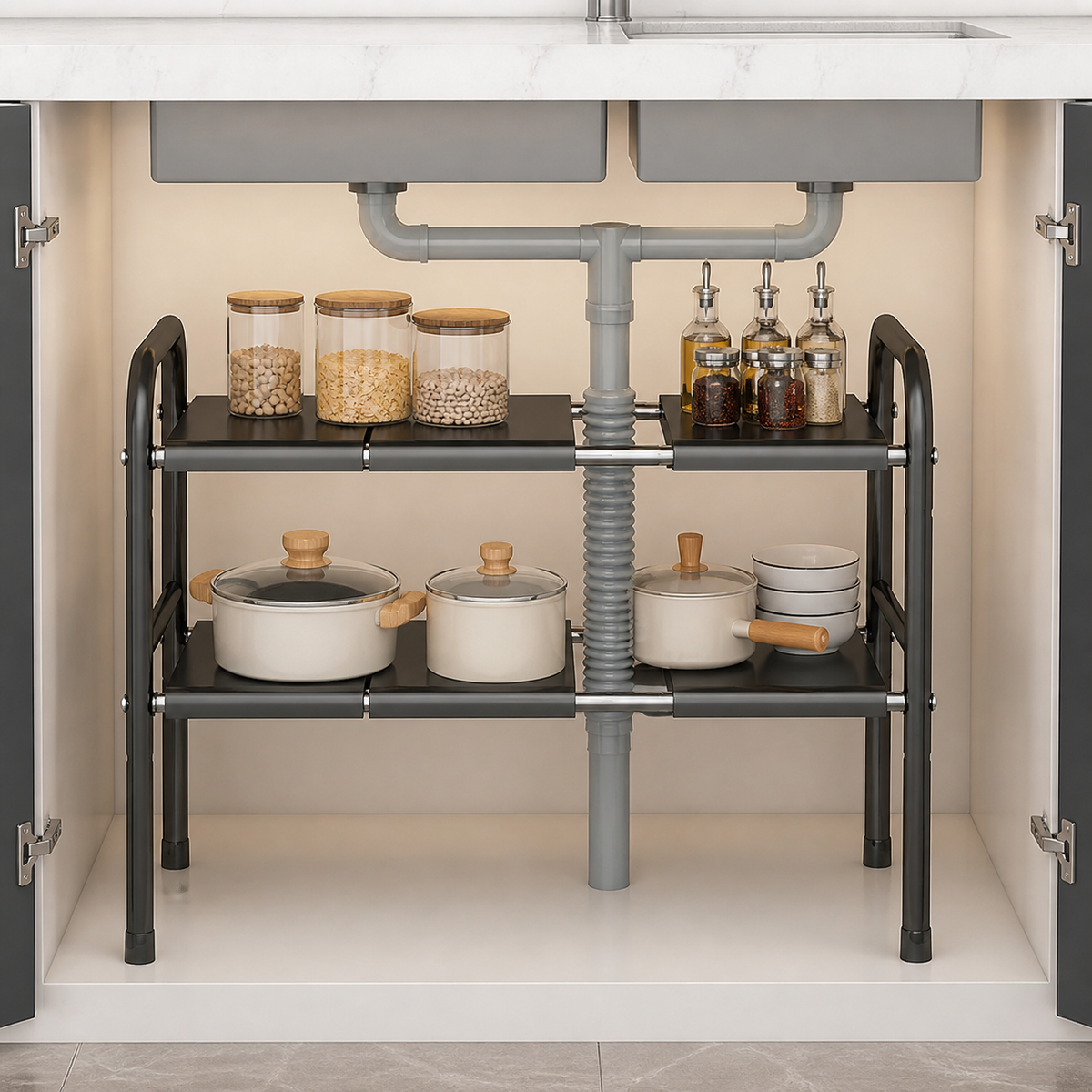 Matte Black Under Sink Organiser, Adjustable Width 525-880mm Metal Pull Out Drawers for Cabinets, Under Sink Storage for Cleaning Supplies