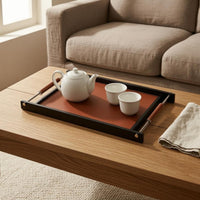 Rectangular Tray Coffee-Colored Leather Tray Black Frame