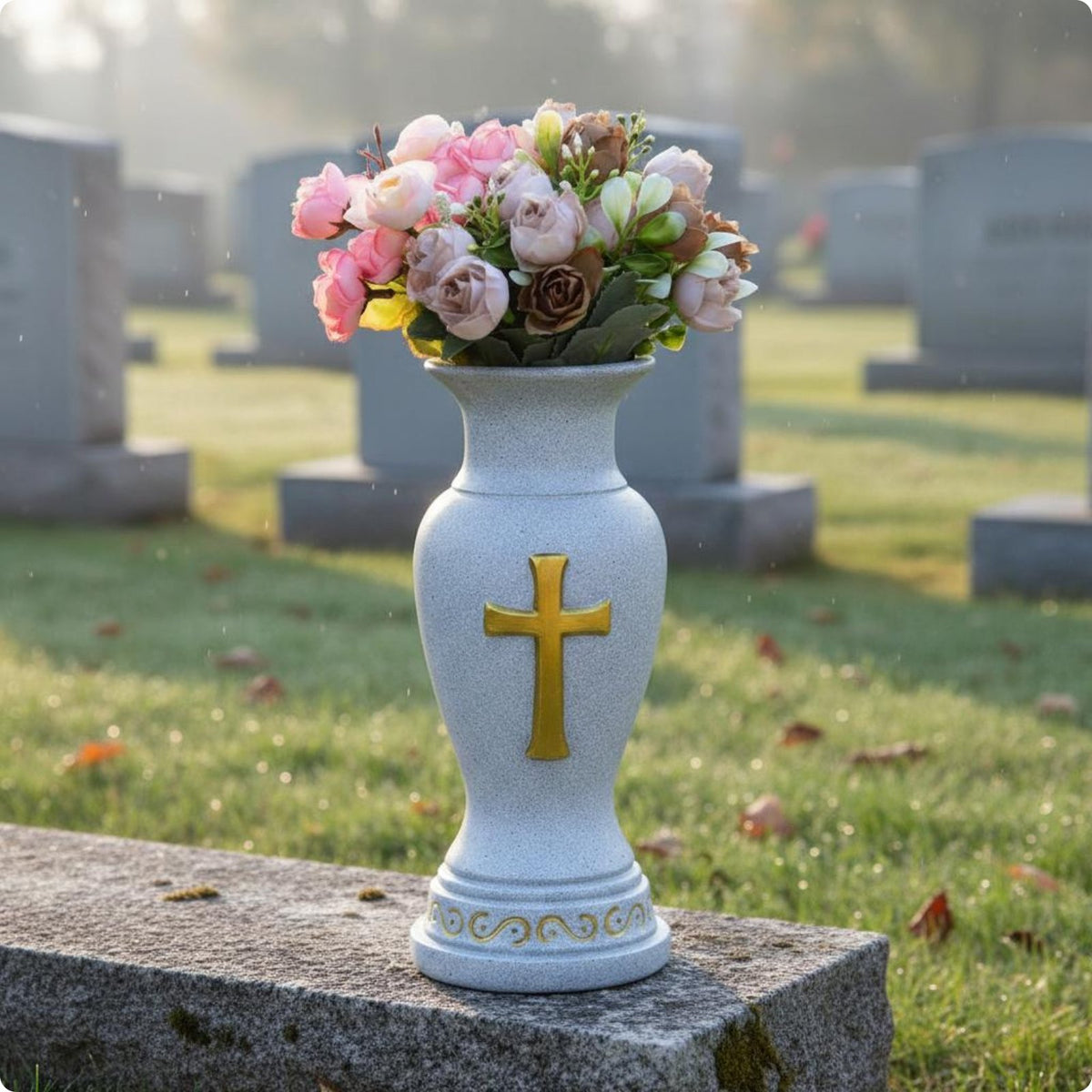 Cross Vase Resin Grave Vase Stone-Look Finish for Cemetery, Patio