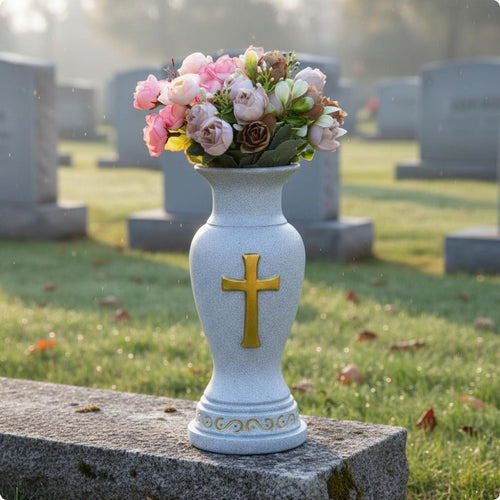 Cross Vase Resin Grave Vase Stone-Look Finish for Cemetery, Patio