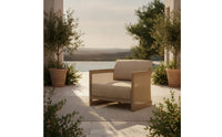 Natural Wood-Toned Wooden Armchair with Rattan Sides Woven Outdoor Sofa Chair Thick Lounge Sofa with Cushions Comfortable for Courtyard