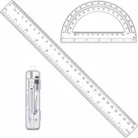 3-Piece Plastic 12-Inch Ruler, Transparent Protractor and Compass Set for Student Geometry, Durable