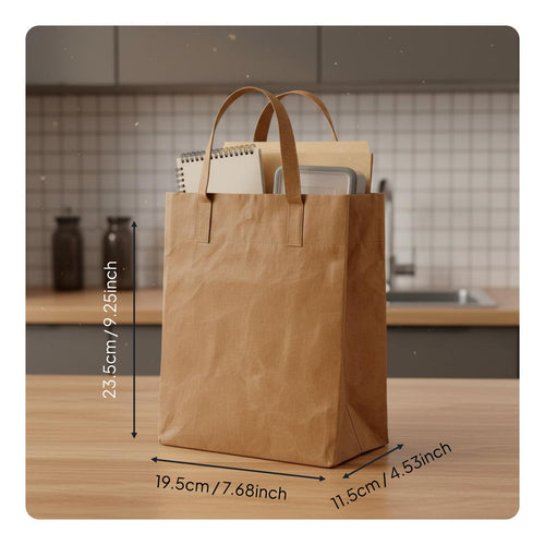 Reusable Paper Bag Large Capacity Brown Paper Tote Bag Tear-Resistant Handbag for Office Workers, Students