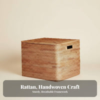 Lidded Rattan Basket Multi-Purpose Rectangular Woven Basket with Lid for Parents