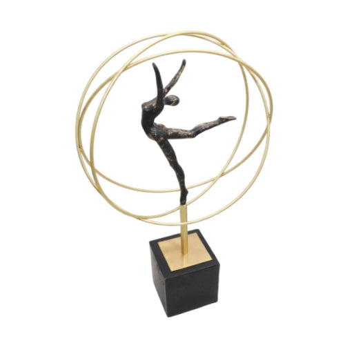 Dancer Statue with Circular Frame Gold-Tone Decor Black for Art Lovers, Dancers
