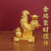 Golden Rooster Wealth Figurine with Gold Ingot, Desk Decor