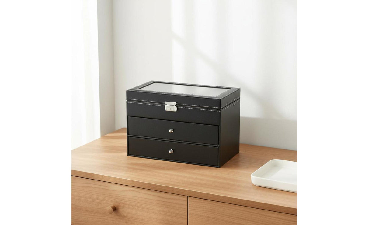 PU Leather Eyewear Storage Box Large Capacity Leather Eyewear Display Case 3-Tier Glasses Display Case Clear View Lid for Women