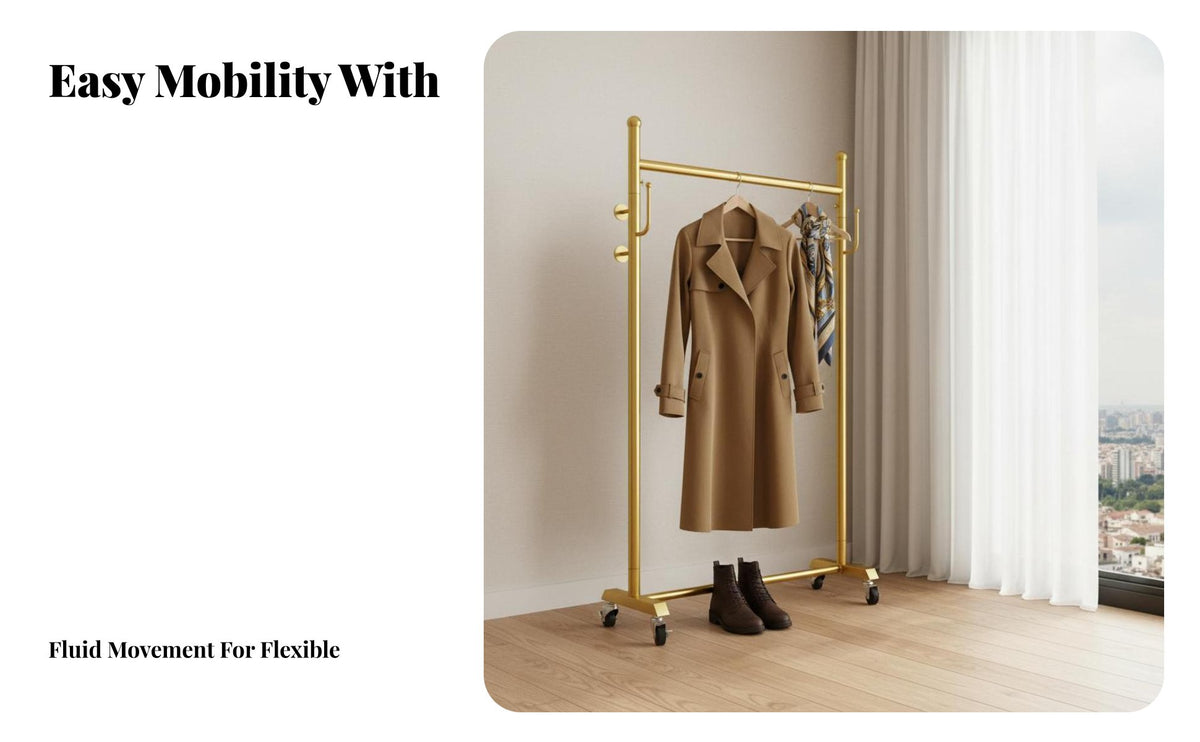 Multi-Functional Foldable Single Clothing Rack With casters Rolling Clothes Rack robustDuty Garment Stand Lockable Casters for Homeowners, Students, Retailers, Balcony, Entryway, Laundry Room, Retail outlet