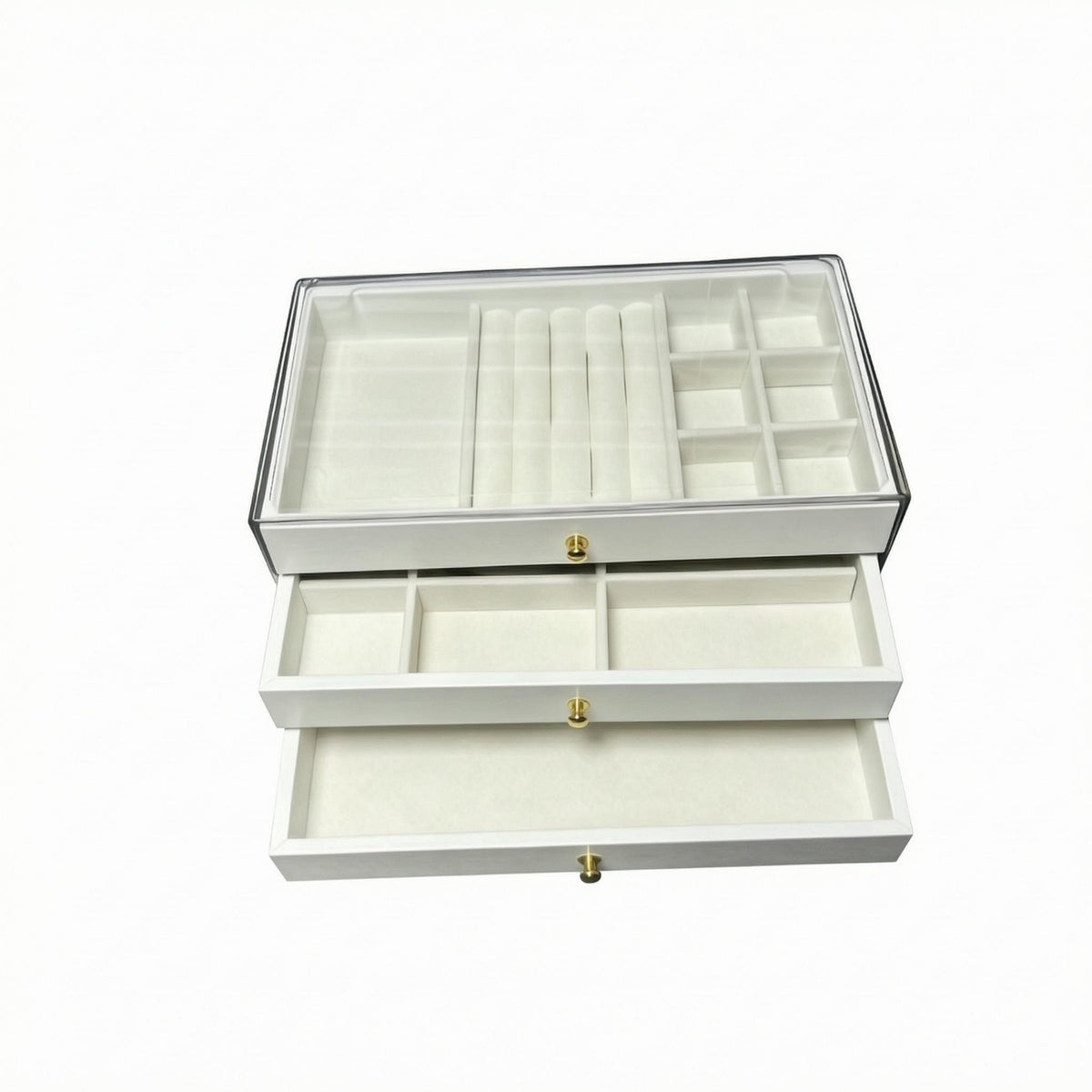 Compartment Tray Drawer Jewelry Box Compact Jewelry Organizer Box Gold-Tone Knobs Clear Storage Drawers Smooth PVC