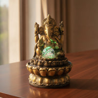 Antique Gold Ganesha Statue with Light Illuminated Deity Statue with Crystal Sphere Spiritual Decorative Sculpture Resin for Altar