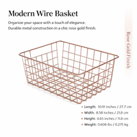 Bathroom Storage Wire Basket with Handle and Decorative Electroplated Finish, Metal Organiser for Pantry and Books, Tapered Design for Shelves