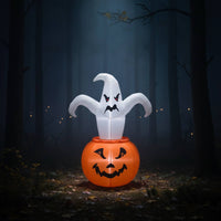 Freestanding Inflatable Ghost with Jack-O'-Lantern Lighted Inflatable Pumpkin with Ghosts Glowing Outdoor for Garden, Porch