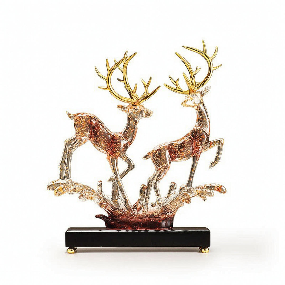 Deer Statue Wave Based Base Amber Toned Deer Sculpture Decorative Desk Figurine for Office, Console Table
