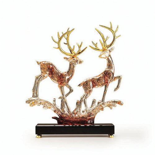 Deer Statue Wave Based Base Amber Toned Deer Sculpture Decorative Desk Figurine for Office, Console Table