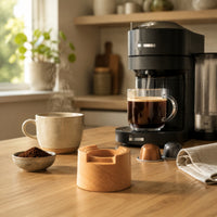 Coffee Machine Base Collection with Beech Wood Holder Integrated Stainless Funnel Cleaning Brush Measuring Scoop for Capsule Refilling Suitable for Housewarming Kitchen Countertop