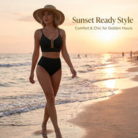 Swimsuit for Women, V-Neck Cutout Bikinis with High-Waisted Textured Pleats, Stylish Two-Piece Set with Chest Pads, Flattering Pool Wear