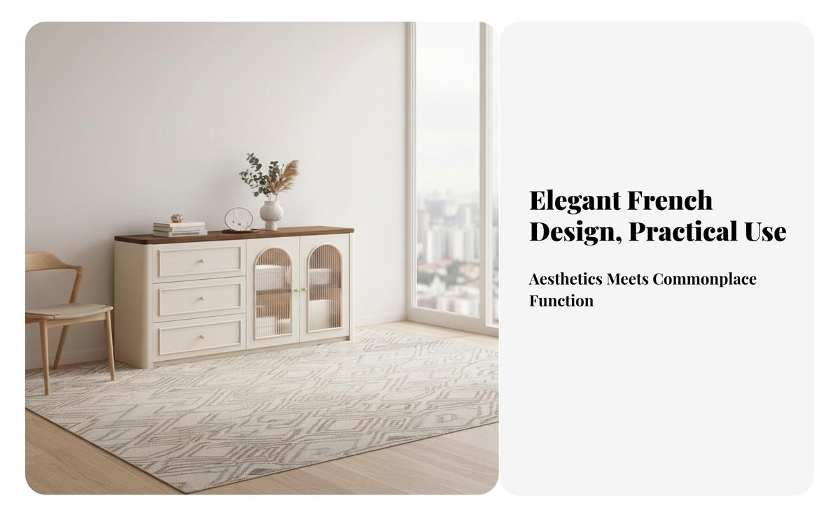 French Vintage design Rounded Corner Dressing Cabinet Space-Saving Makeup Table Integrated Storage Vanity Desk Multi-Drawer for Apartment Dwellers, Women, Girls, End of Bed