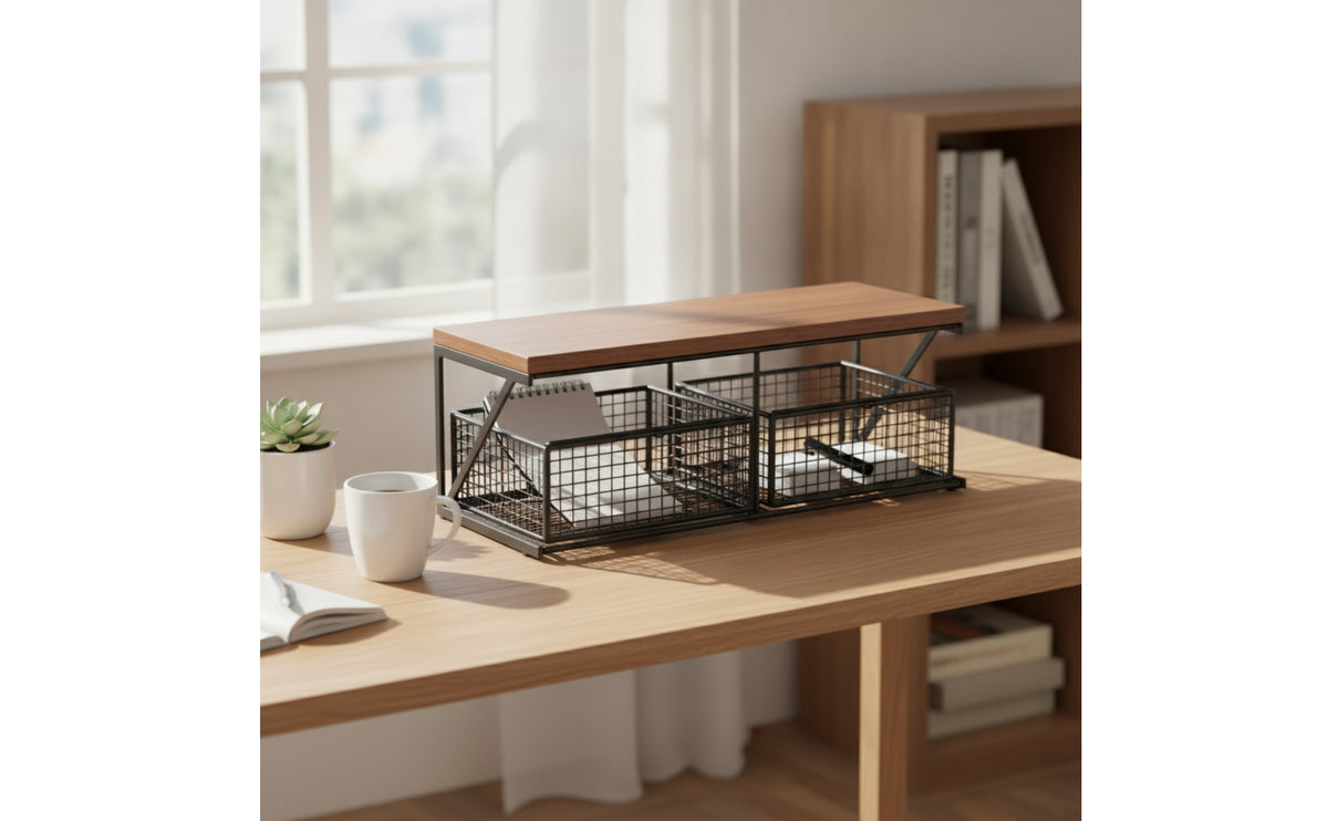 Tabletop Storage Rack Wood-Look Countertop Organizer with Baskets Metal Frame Desk Organizer with Baskets for Kitchen Counter