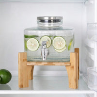 Glass Water Dispenser with Metal Stand, Square Juice Dispenser with Metal Tap, Light Frosted Crystal Pattern Beverage Dispenser