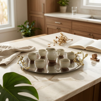 Stainless Steel Tray with Gilded Branch Accents Shallow Mirrored Metal Tray Metal Serving Platter for Homeowners, Entryway, Coffee Table