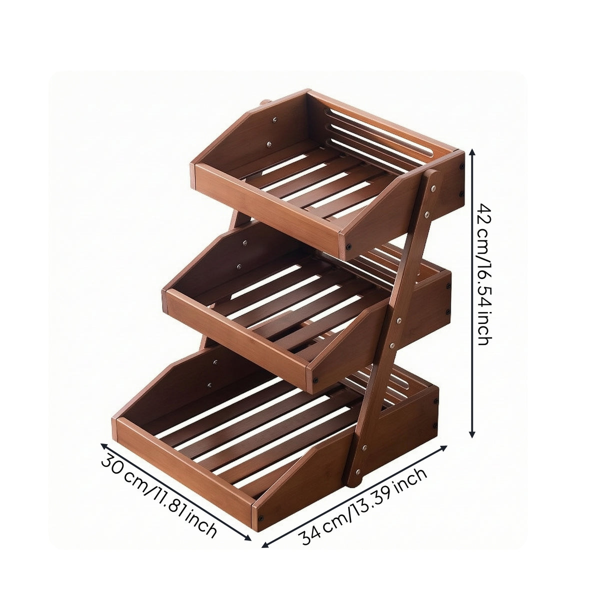 3 Tier Rack with Slatted Trays Rustic Countertop Vegetable Produce Rack Convenient Kitchen Organizer for Pantry