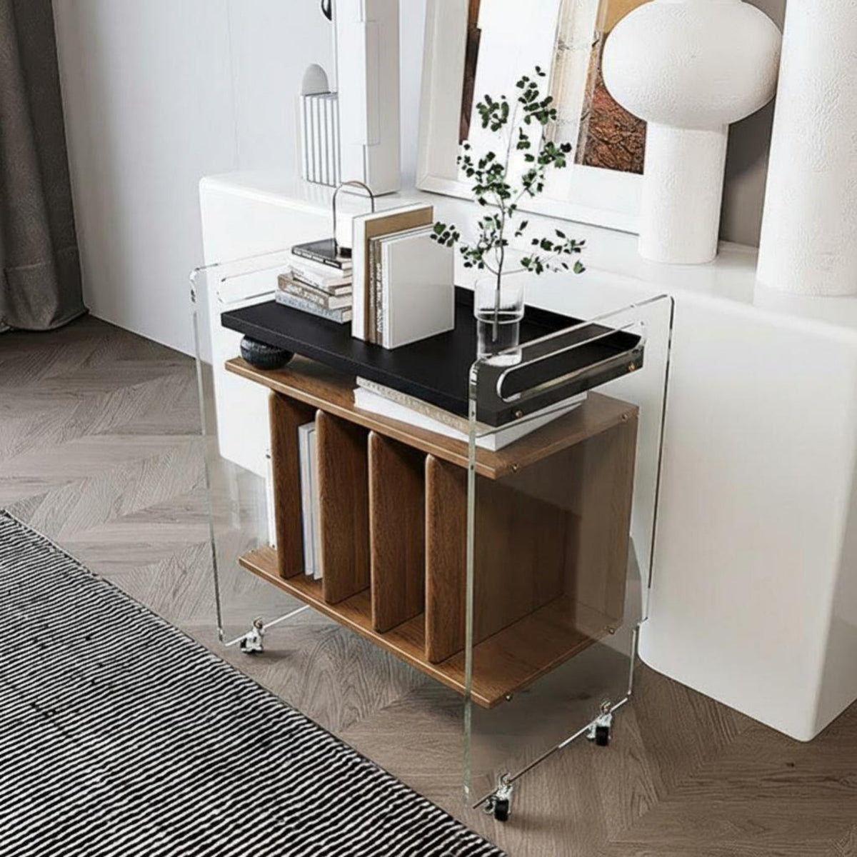 2-Tier Clear Rolling Stand Light Luxury Artistic Look Mobile Furniture Transparent Look Transparent Design for Living Room