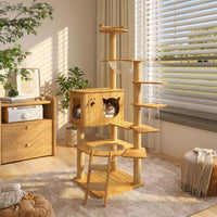 Cat Climbing Frame Activity Center with Round Base, Wood Grain Density Board Playground and Perch, Indoor Paradise for Large Cats with Hammock