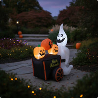 Inflatable Specter with Pumpkin Cart Water Resistant Inflatable Halloween Decoration LED Inflate Yard Decoration for Lawn