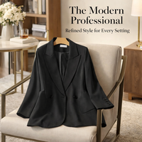 Shoulder Pads Ladies Blazers with Double Breasted Design for Office Wear, Plus Size Womens Long Sleeve Jacket, Business Casual Mid Length